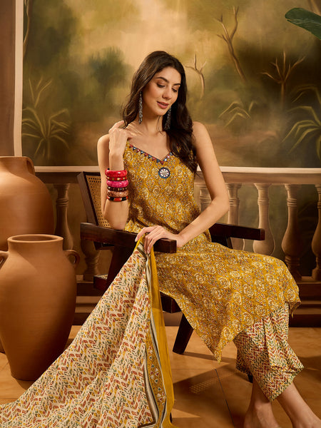 Stylum Women's Mustard Ethnic Motif Printed Cotton Straight Kurta Palazzo Dupatta Set (KPDMUSTARDMUMBA)