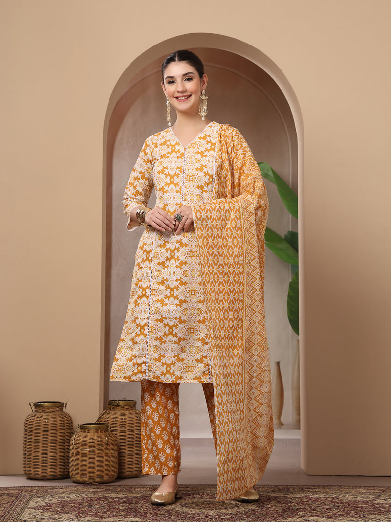 Stylum Women's Mustard Ethnic Printed Cotton Straight Kurta Pant Dupatta Set (KPDMUSTARDRAJ)