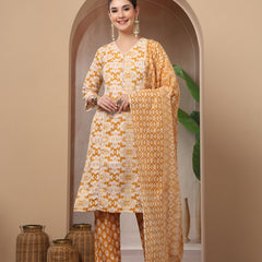 Stylum Women's Mustard Ethnic Printed Cotton Straight Kurta Pant Dupatta Set (KPDMUSTARDRAJ)