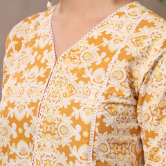 Stylum Women's Mustard Ethnic Printed Cotton Straight Kurta Pant Dupatta Set (KPDMUSTARDRAJ)