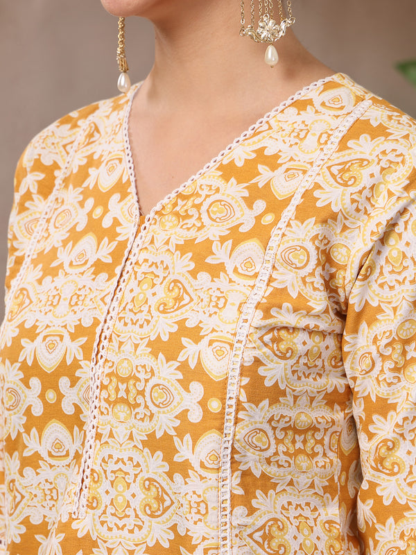 Stylum Women's Mustard Ethnic Printed Cotton Straight Kurta Pant Dupatta Set (KPDMUSTARDRAJ)