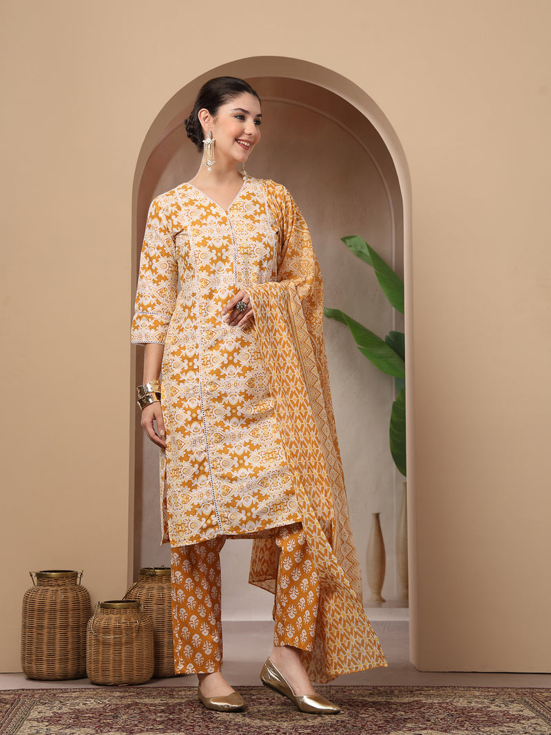 Stylum Women's Mustard Ethnic Printed Cotton Straight Kurta Pant Dupatta Set (KPDMUSTARDRAJ)