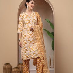 Stylum Women's Mustard Ethnic Printed Cotton Straight Kurta Pant Dupatta Set (KPDMUSTARDRAJ)