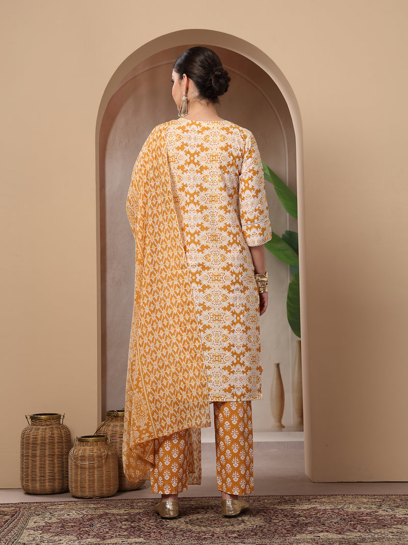 Stylum Women's Mustard Ethnic Printed Cotton Straight Kurta Pant Dupatta Set (KPDMUSTARDRAJ)
