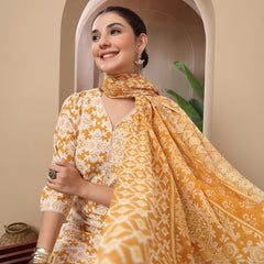 Stylum Women's Mustard Ethnic Printed Cotton Straight Kurta Pant Dupatta Set (KPDMUSTARDRAJ)