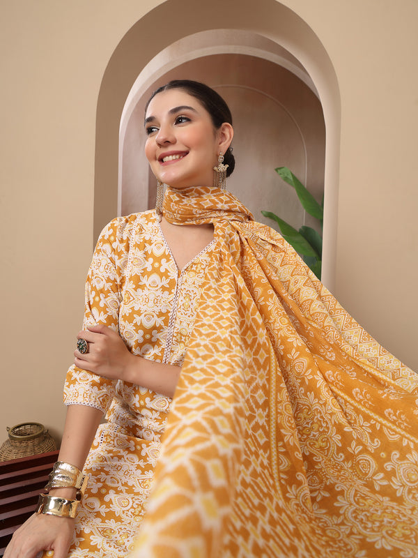 Stylum Women's Mustard Ethnic Printed Cotton Straight Kurta Pant Dupatta Set (KPDMUSTARDRAJ)