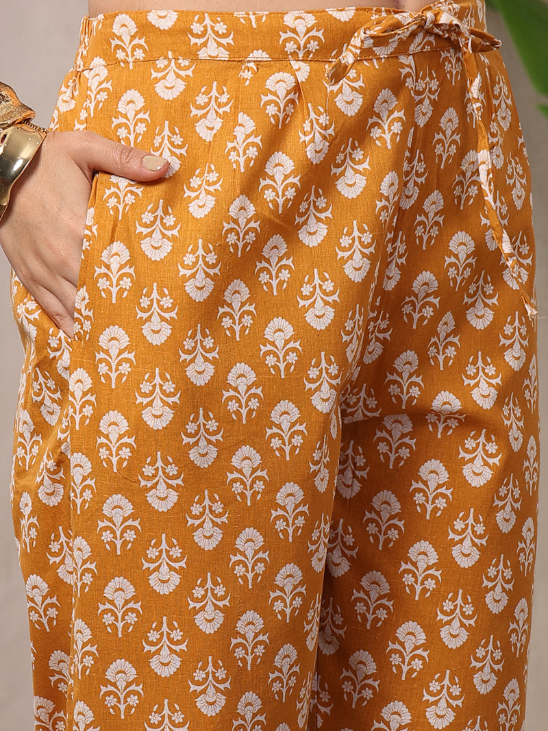 Stylum Women's Mustard Ethnic Printed Cotton Straight Kurta Pant Dupatta Set (KPDMUSTARDRAJ)