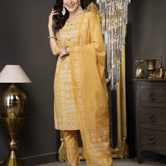 Stylum Women's Mustard Ethnic Motif Printed Cotton Straight Kurta Pant Dupatta Set (KPDMUSTARDSAJLA)