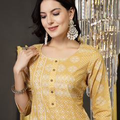 Stylum Women's Mustard Ethnic Motif Printed Cotton Straight Kurta Pant Dupatta Set (KPDMUSTARDSAJLA)