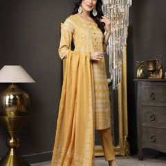 Stylum Women's Mustard Ethnic Motif Printed Cotton Straight Kurta Pant Dupatta Set (KPDMUSTARDSAJLA)