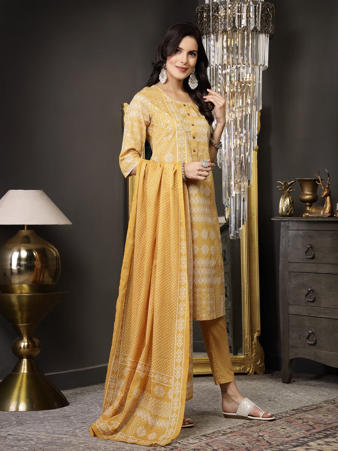 Stylum Women's Mustard Ethnic Motif Printed Cotton Straight Kurta Pant Dupatta Set (KPDMUSTARDSAJLA)