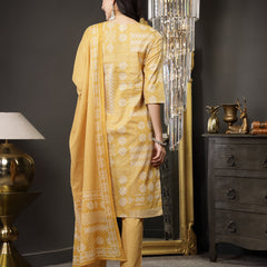 Stylum Women's Mustard Ethnic Motif Printed Cotton Straight Kurta Pant Dupatta Set (KPDMUSTARDSAJLA)