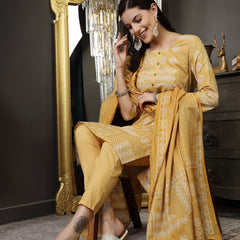 Stylum Women's Mustard Ethnic Motif Printed Cotton Straight Kurta Pant Dupatta Set (KPDMUSTARDSAJLA)