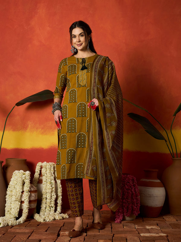 Stylum Women's Mustard Printed Cotton Straight Kurta Pant Dupatta Set (KPDMUSTBUGATI)