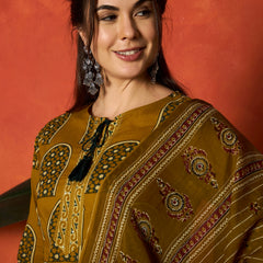 Stylum Women's Mustard Printed Cotton Straight Kurta Pant Dupatta Set (KPDMUSTBUGATI)