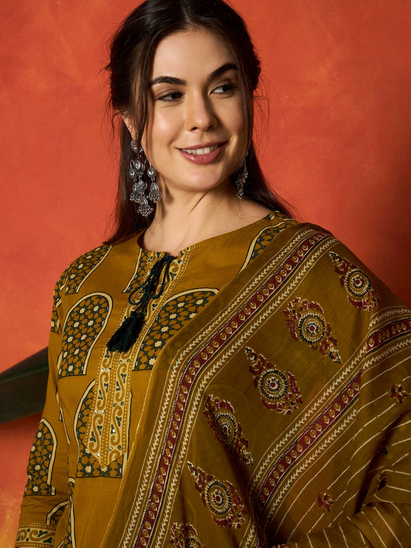 Stylum Women's Mustard Printed Cotton Straight Kurta Pant Dupatta Set (KPDMUSTBUGATI)