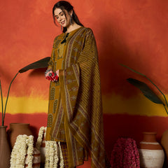 Stylum Women's Mustard Printed Cotton Straight Kurta Pant Dupatta Set (KPDMUSTBUGATI)