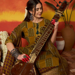 Stylum Women's Mustard Printed Cotton Straight Kurta Pant Dupatta Set (KPDMUSTBUGATI)