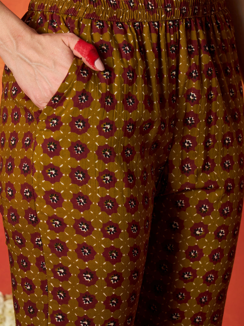 Stylum Women's Mustard Printed Cotton Straight Kurta Pant Dupatta Set (KPDMUSTBUGATI)