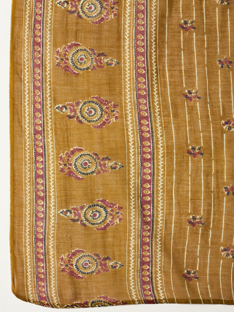 Stylum Women's Mustard Printed Cotton Straight Kurta Pant Dupatta Set (KPDMUSTBUGATI)