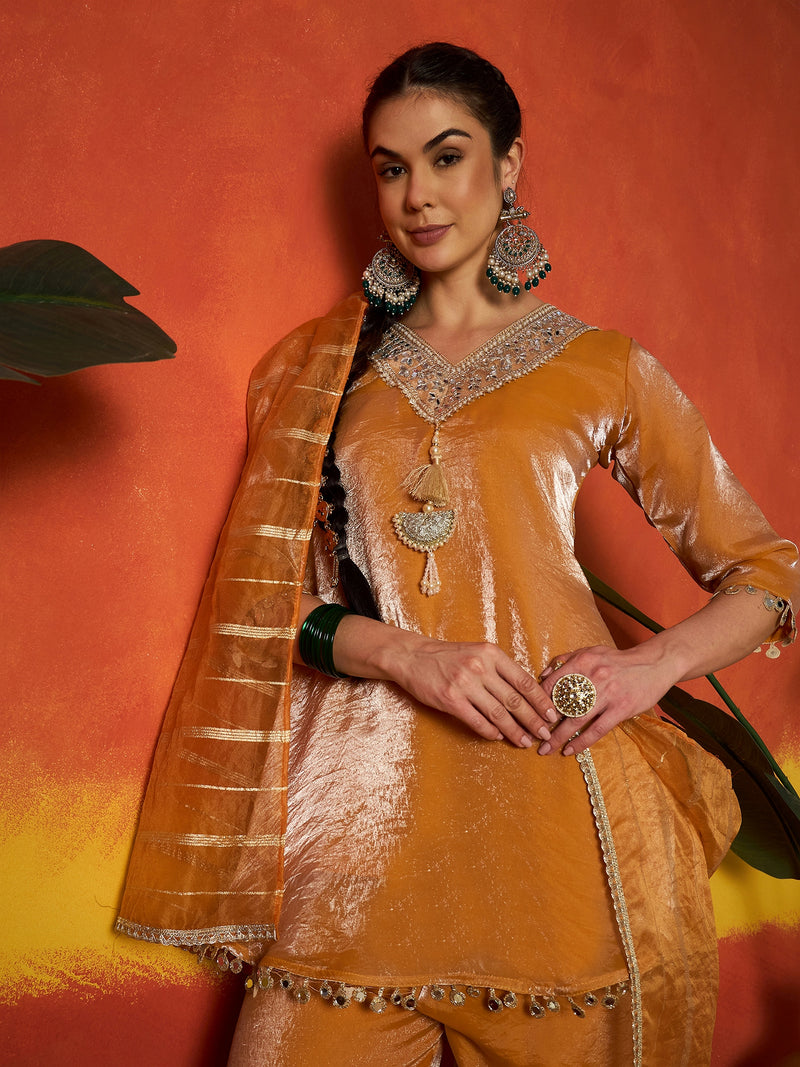 Stylum Women's Mustard Solid & Embroidered Silk A-Line Short Kurti Palazzo With Dupatta (KPDMUSTHAIDER)