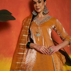 Stylum Women's Mustard Solid & Embroidered Silk A-Line Short Kurti Palazzo With Dupatta (KPDMUSTHAIDER)