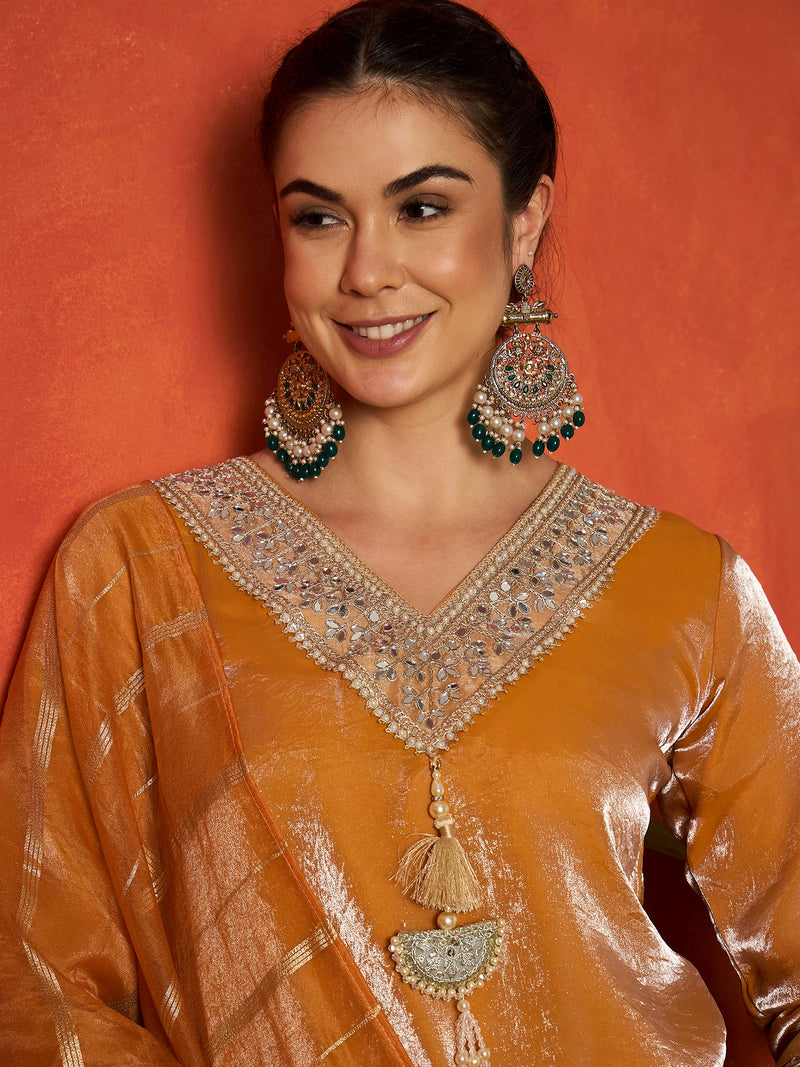 Stylum Women's Mustard Solid & Embroidered Silk A-Line Short Kurti Palazzo With Dupatta (KPDMUSTHAIDER)