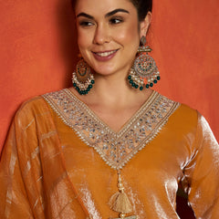 Stylum Women's Mustard Solid & Embroidered Silk A-Line Short Kurti Palazzo With Dupatta (KPDMUSTHAIDER)