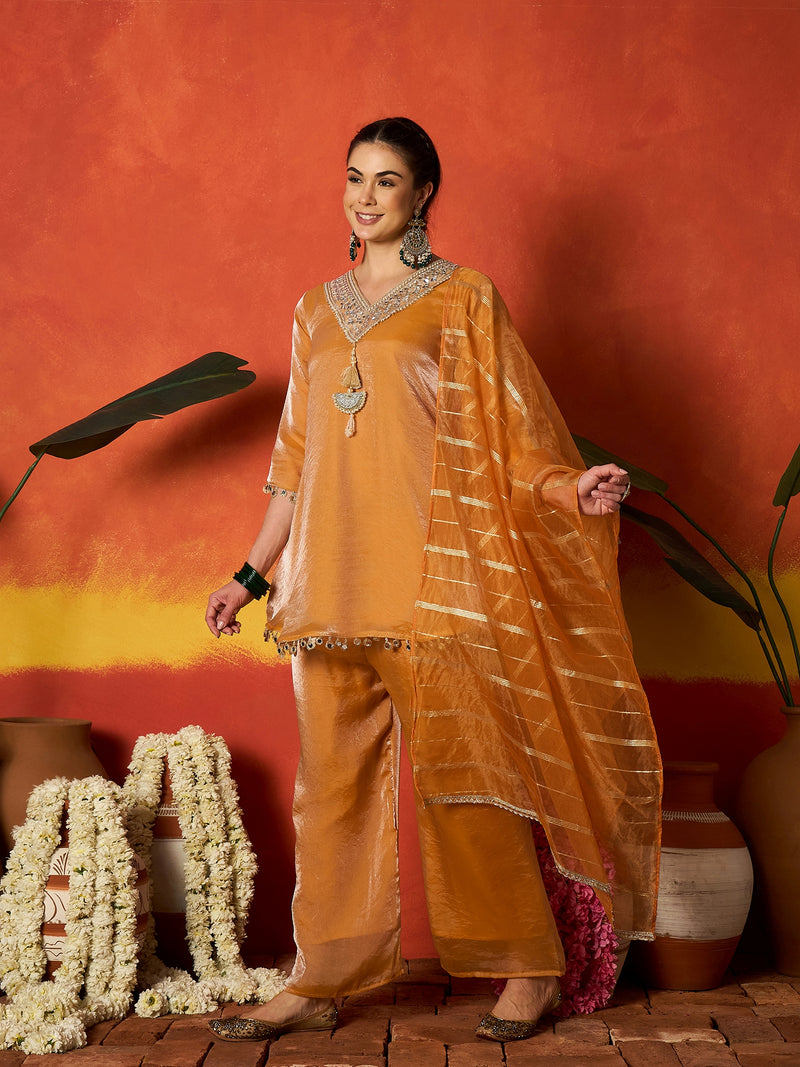 Stylum Women's Mustard Solid & Embroidered Silk A-Line Short Kurti Palazzo With Dupatta (KPDMUSTHAIDER)