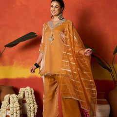 Stylum Women's Mustard Solid & Embroidered Silk A-Line Short Kurti Palazzo With Dupatta (KPDMUSTHAIDER)