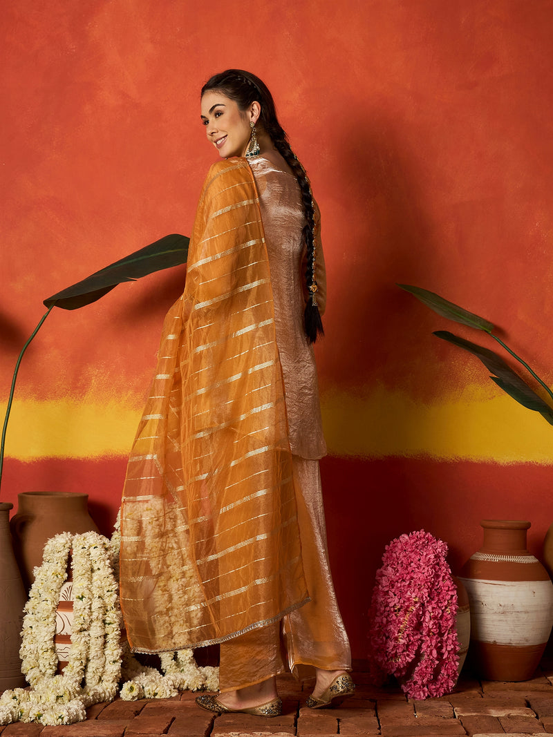 Stylum Women's Mustard Solid & Embroidered Silk A-Line Short Kurti Palazzo With Dupatta (KPDMUSTHAIDER)