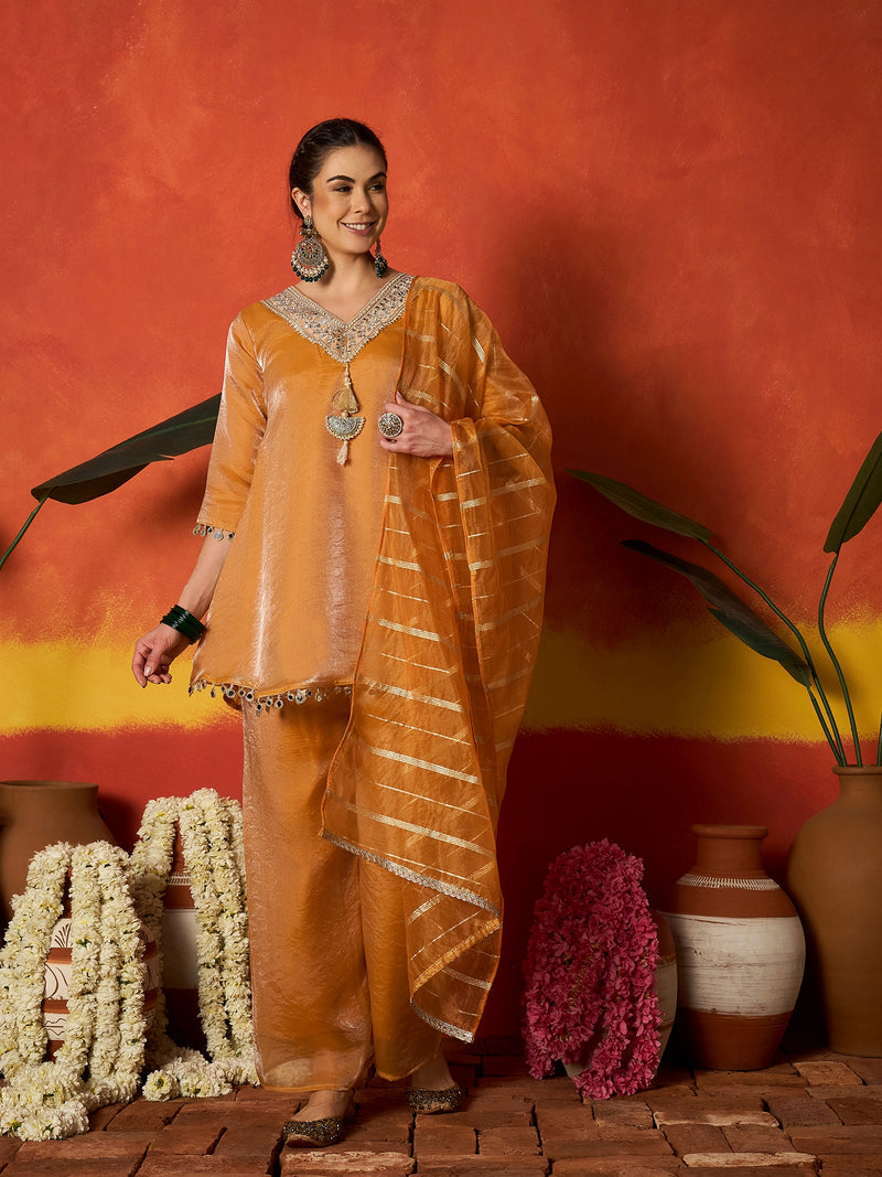 Stylum Women's Mustard Solid & Embroidered Silk A-Line Short Kurti Palazzo With Dupatta (KPDMUSTHAIDER)