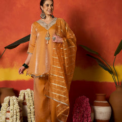 Stylum Women's Mustard Solid & Embroidered Silk A-Line Short Kurti Palazzo With Dupatta (KPDMUSTHAIDER)