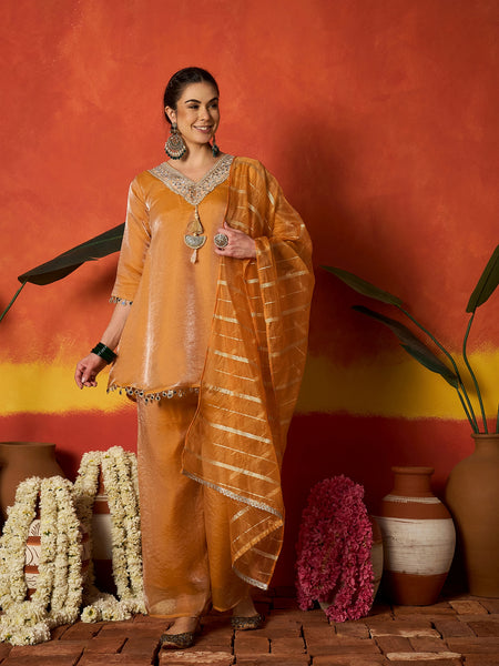 Stylum Women's Mustard Solid & Embroidered Silk A-Line Short Kurti Palazzo With Dupatta (KPDMUSTHAIDER)