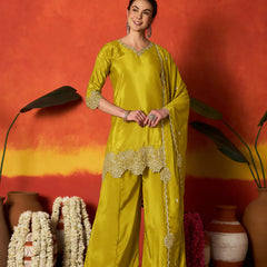 Stylum Women's Mustard Solid & Embroidered Silk Blend Straight Kurti Palazzo Dupatta Set (KPDMUSTKAPOOR)