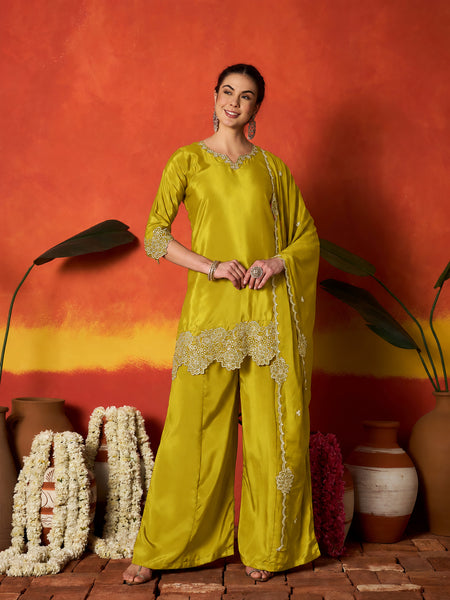 Stylum Women's Mustard Solid & Embroidered Silk Blend Straight Kurti Palazzo Dupatta Set (KPDMUSTKAPOOR)