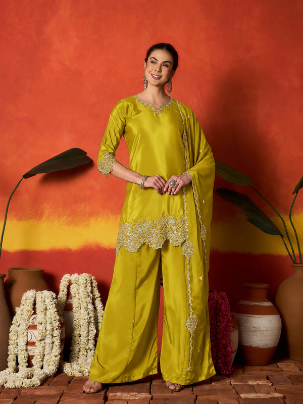 Stylum Women's Mustard Solid & Embroidered Silk Blend Straight Kurti Palazzo Dupatta Set (KPDMUSTKAPOOR)