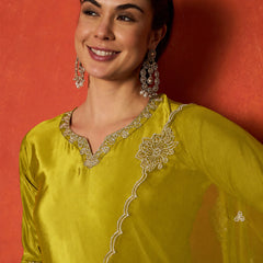 Stylum Women's Mustard Solid & Embroidered Silk Blend Straight Kurti Palazzo Dupatta Set (KPDMUSTKAPOOR)