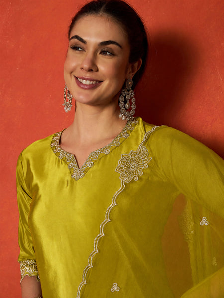 Stylum Women's Mustard Solid & Embroidered Silk Blend Straight Kurti Palazzo Dupatta Set (KPDMUSTKAPOOR)
