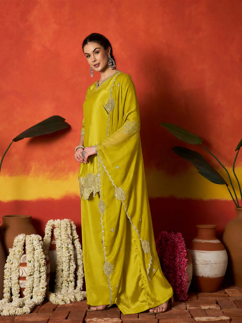 Stylum Women's Mustard Solid & Embroidered Silk Blend Straight Kurti Palazzo Dupatta Set (KPDMUSTKAPOOR)
