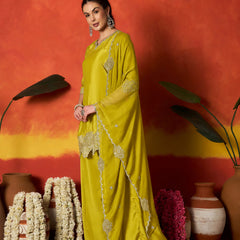 Stylum Women's Mustard Solid & Embroidered Silk Blend Straight Kurti Palazzo Dupatta Set (KPDMUSTKAPOOR)