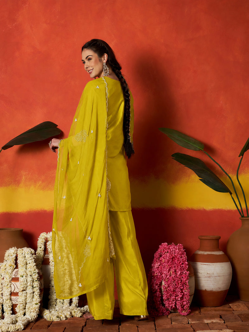 Stylum Women's Mustard Solid & Embroidered Silk Blend Straight Kurti Palazzo Dupatta Set (KPDMUSTKAPOOR)