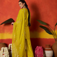 Stylum Women's Mustard Solid & Embroidered Silk Blend Straight Kurti Palazzo Dupatta Set (KPDMUSTKAPOOR)