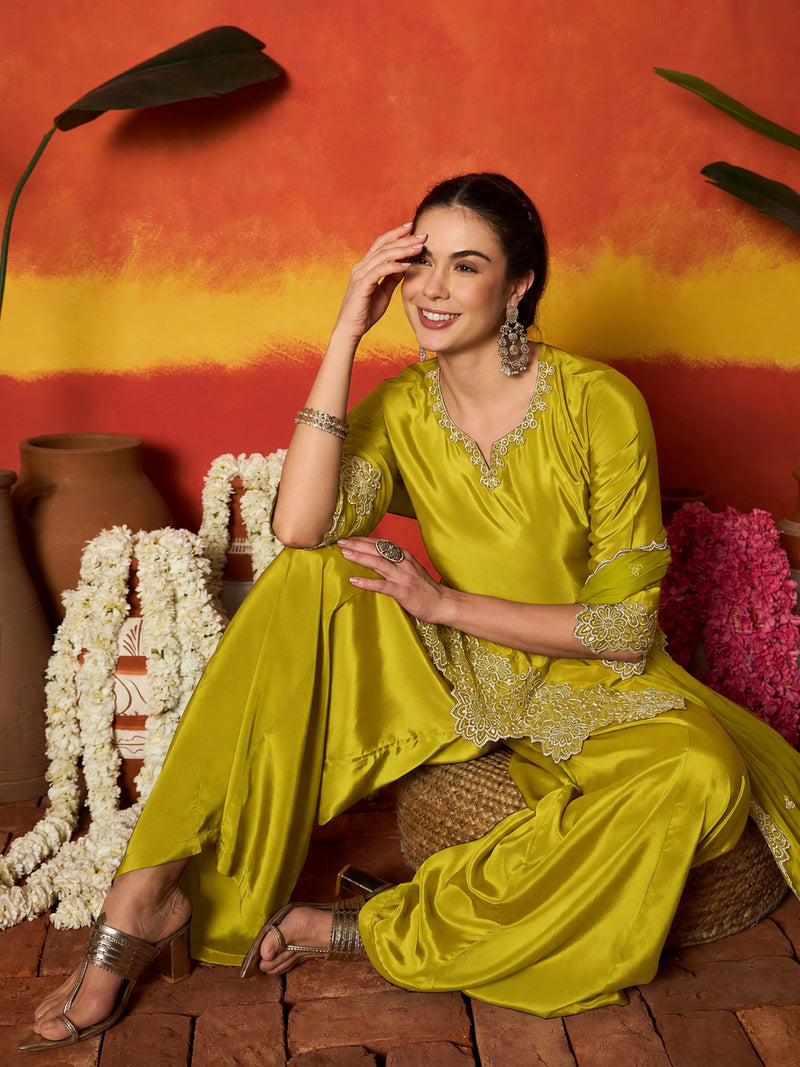 Stylum Women's Mustard Solid & Embroidered Silk Blend Straight Kurti Palazzo Dupatta Set (KPDMUSTKAPOOR)