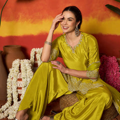 Stylum Women's Mustard Solid & Embroidered Silk Blend Straight Kurti Palazzo Dupatta Set (KPDMUSTKAPOOR)