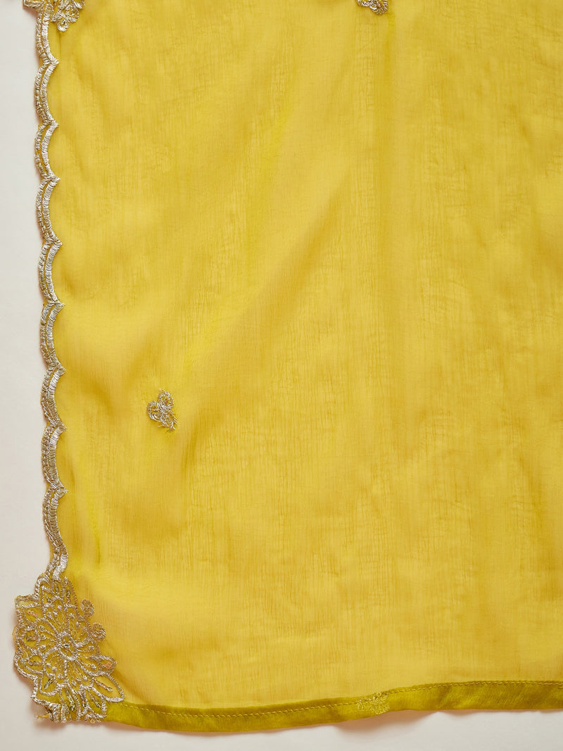 Stylum Women's Mustard Solid & Embroidered Silk Blend Straight Kurti Palazzo Dupatta Set (KPDMUSTKAPOOR)