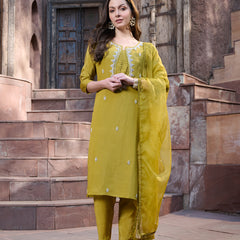 Stylum Women's Mustard Embroidered Silk Straight Kurta Pant Dupatta Set (KPDMUSTMANKU)