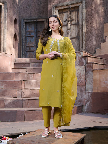 Stylum Women's Mustard Embroidered Silk Straight Kurta Pant Dupatta Set (KPDMUSTMANKU)