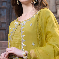 Stylum Women's Mustard Embroidered Silk Straight Kurta Pant Dupatta Set (KPDMUSTMANKU)