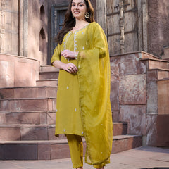 Stylum Women's Mustard Embroidered Silk Straight Kurta Pant Dupatta Set (KPDMUSTMANKU)